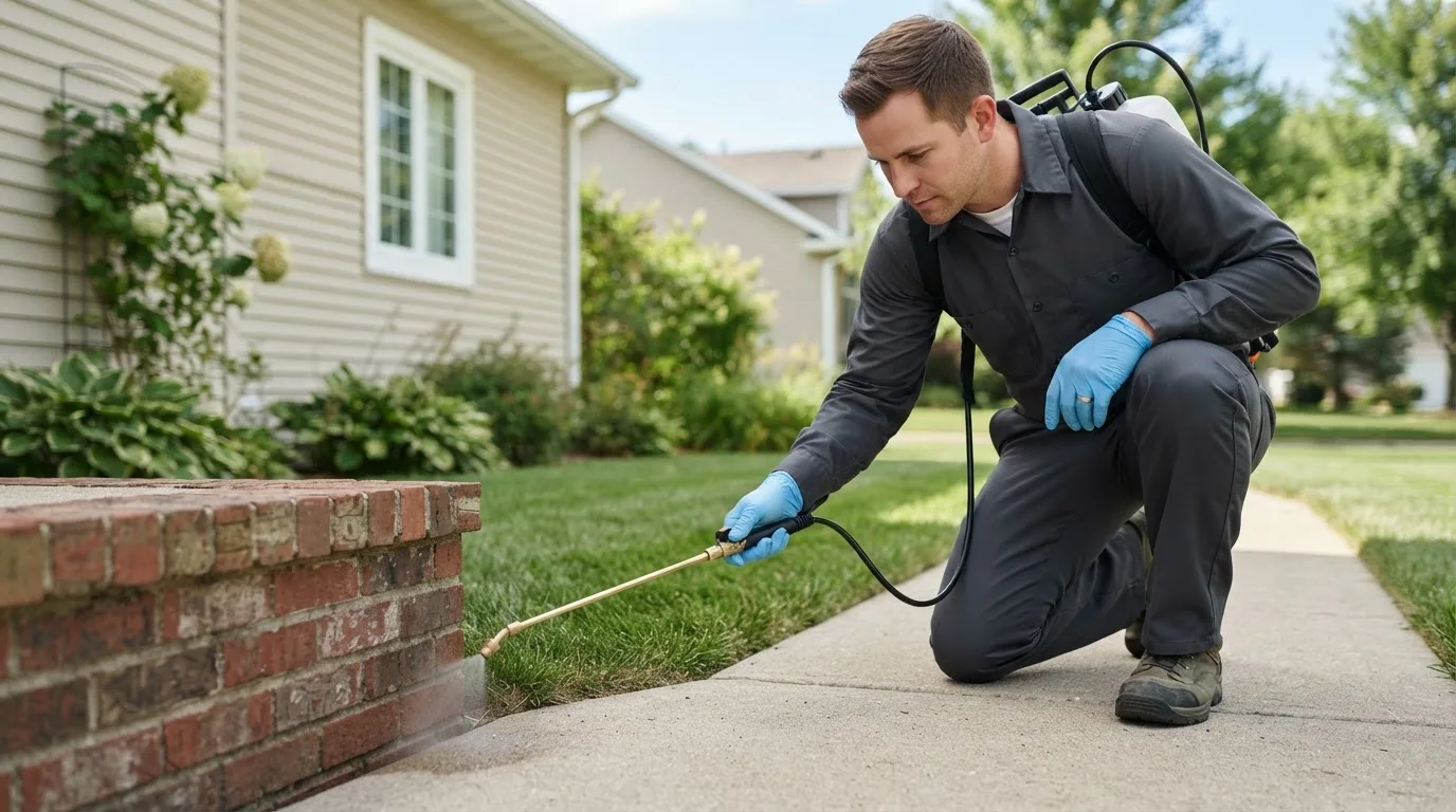 Pest control technician treating a home near West Edmeston, NY