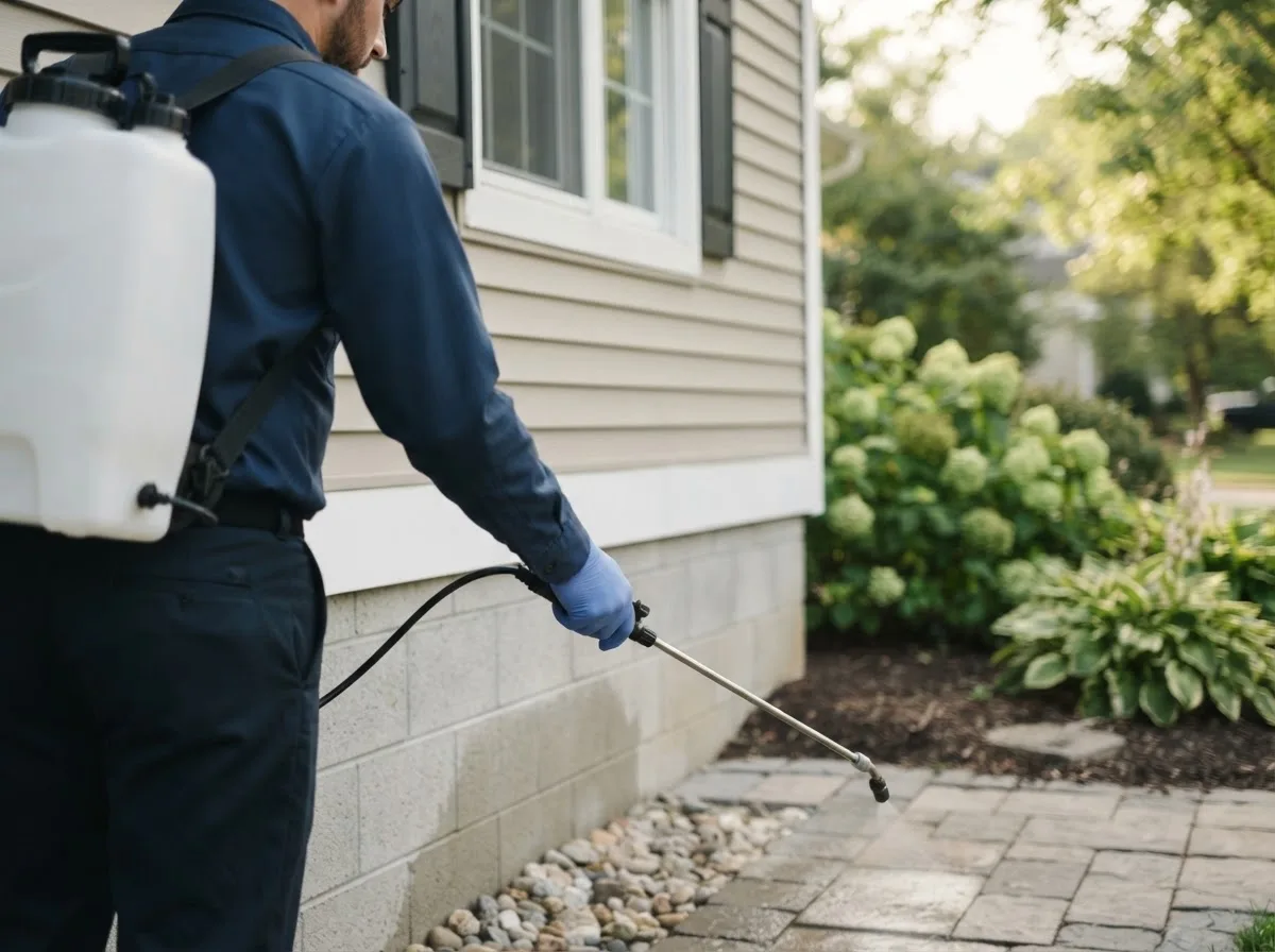 Pest control technician inspecting a home in West Edmeston, NY